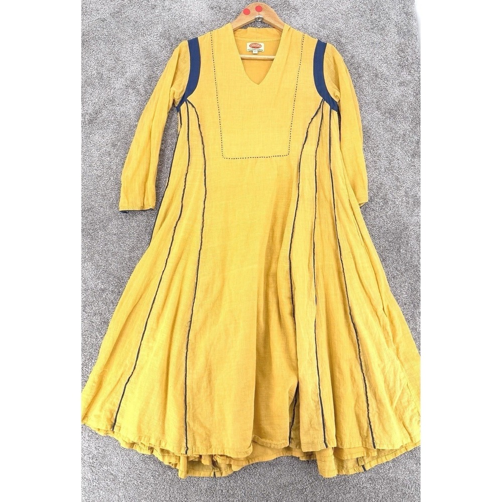 Rentiyo Handwoven Khadi Cotton Anarkali Yellow A-Line Kurta Size XS - Picture 2 of 8
